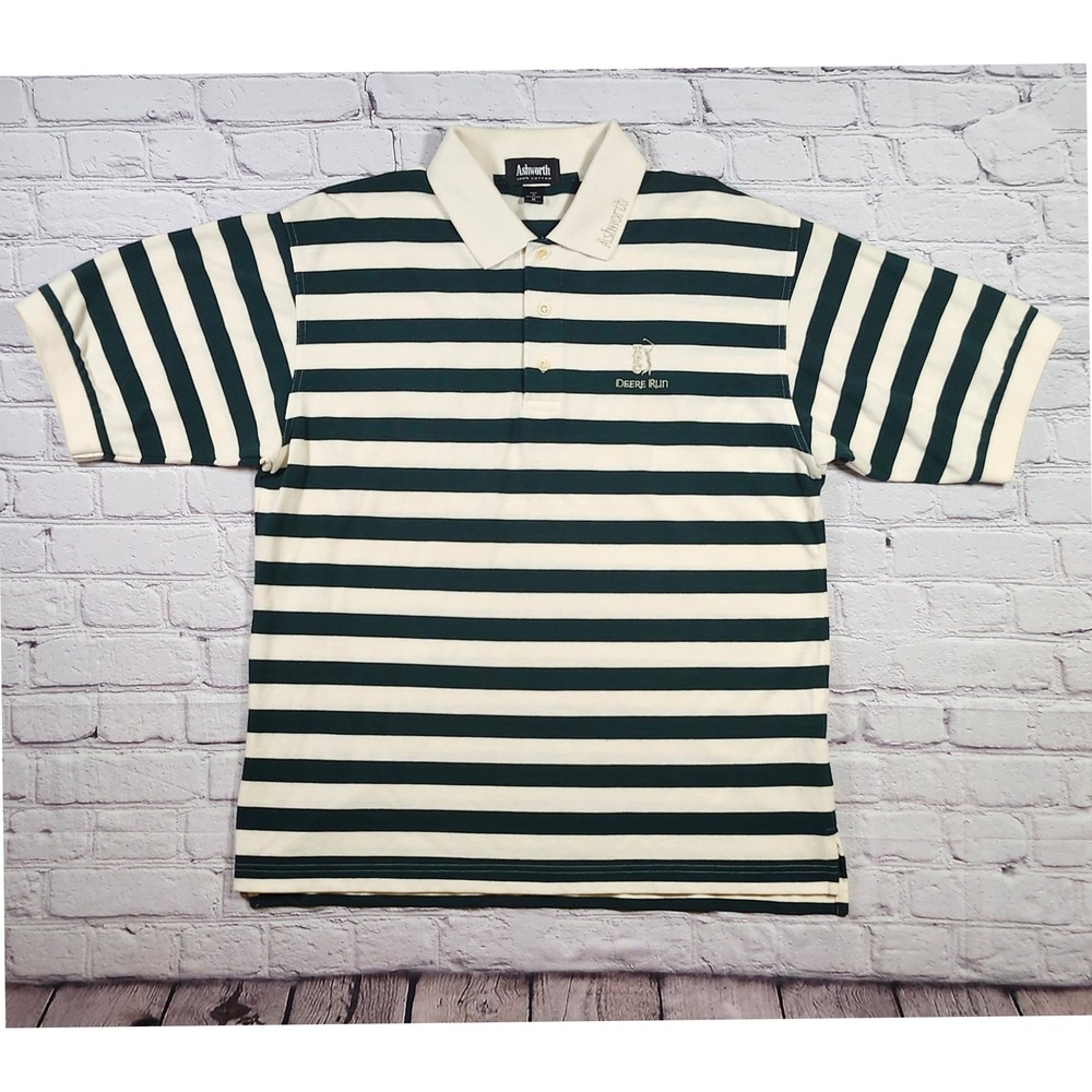 Vintage Ashworth Mens Deere Run Striped Golf Polo Embroidered Cotton Size M